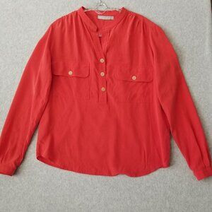 Vince Womens Silk Small Band Collar Henley Blouse Top Quiet Luxury Minimalist